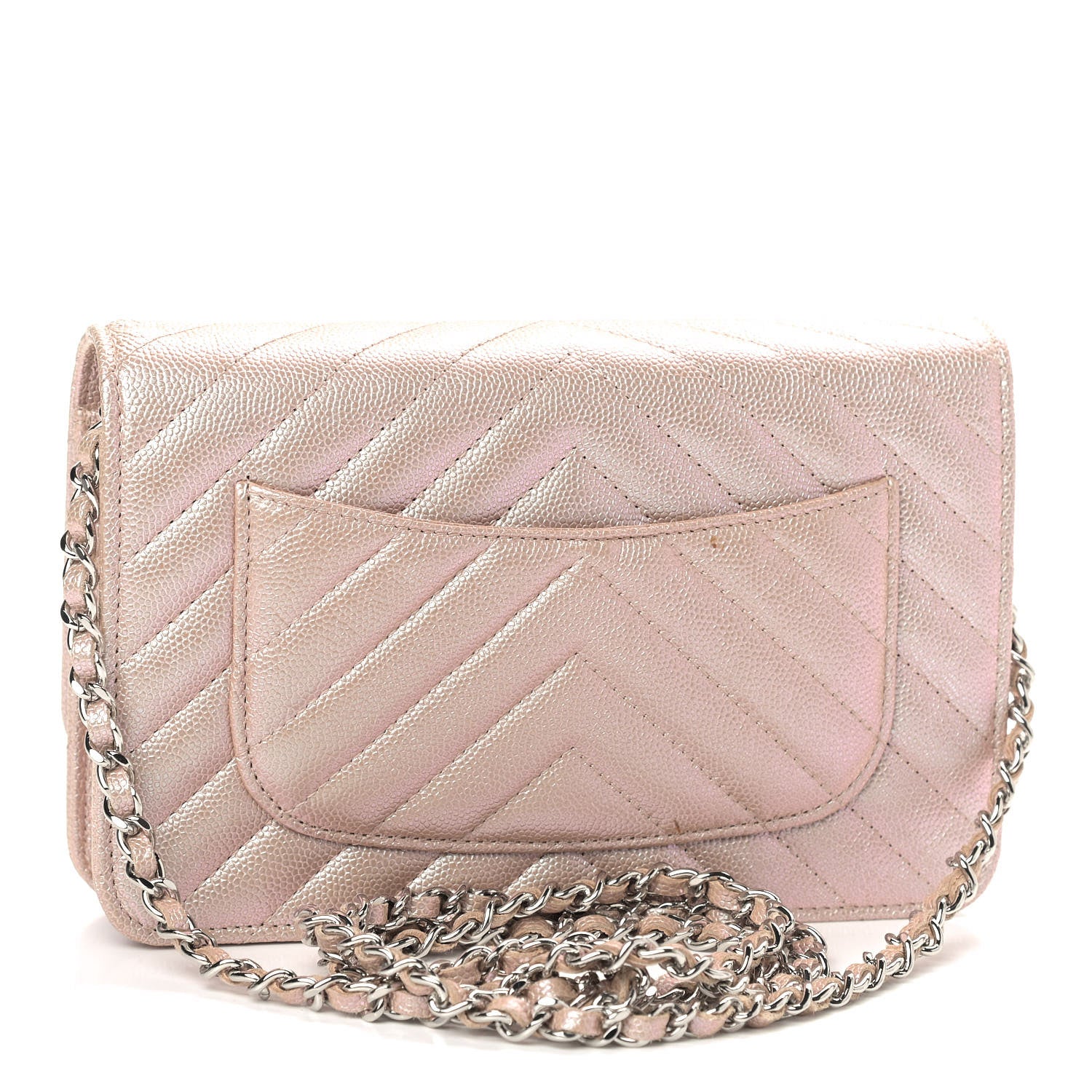 Chanel Metallic Caviar Chevron Quilted Wallet On Chain WOC Light Gold 3 of 12