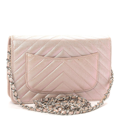Chanel Metallic Caviar Chevron Quilted Wallet On Chain WOC Light Gold 3 of 12