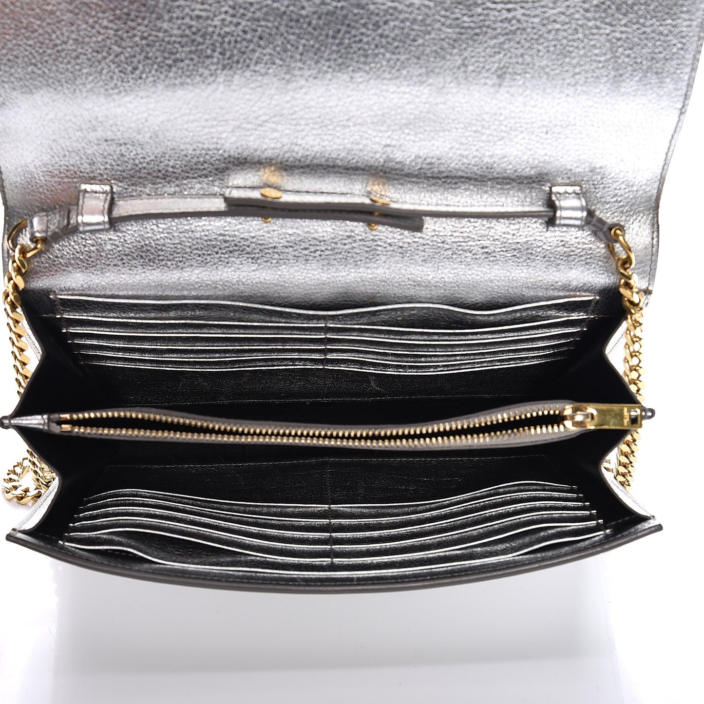 Grained Metallic Calfskin Monogram Chain Wallet Argento