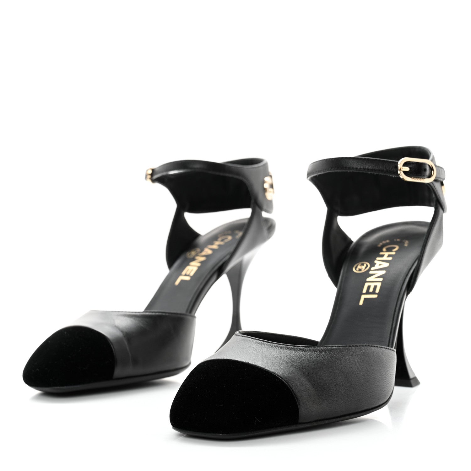 Chanel Lambskin Velvet Cap Toe Logo Pumps 37.5 Black 3 of 9