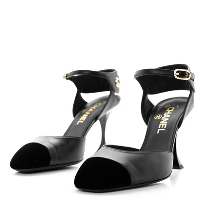 Chanel Lambskin Velvet Cap Toe Logo Pumps 37.5 Black 3 of 9