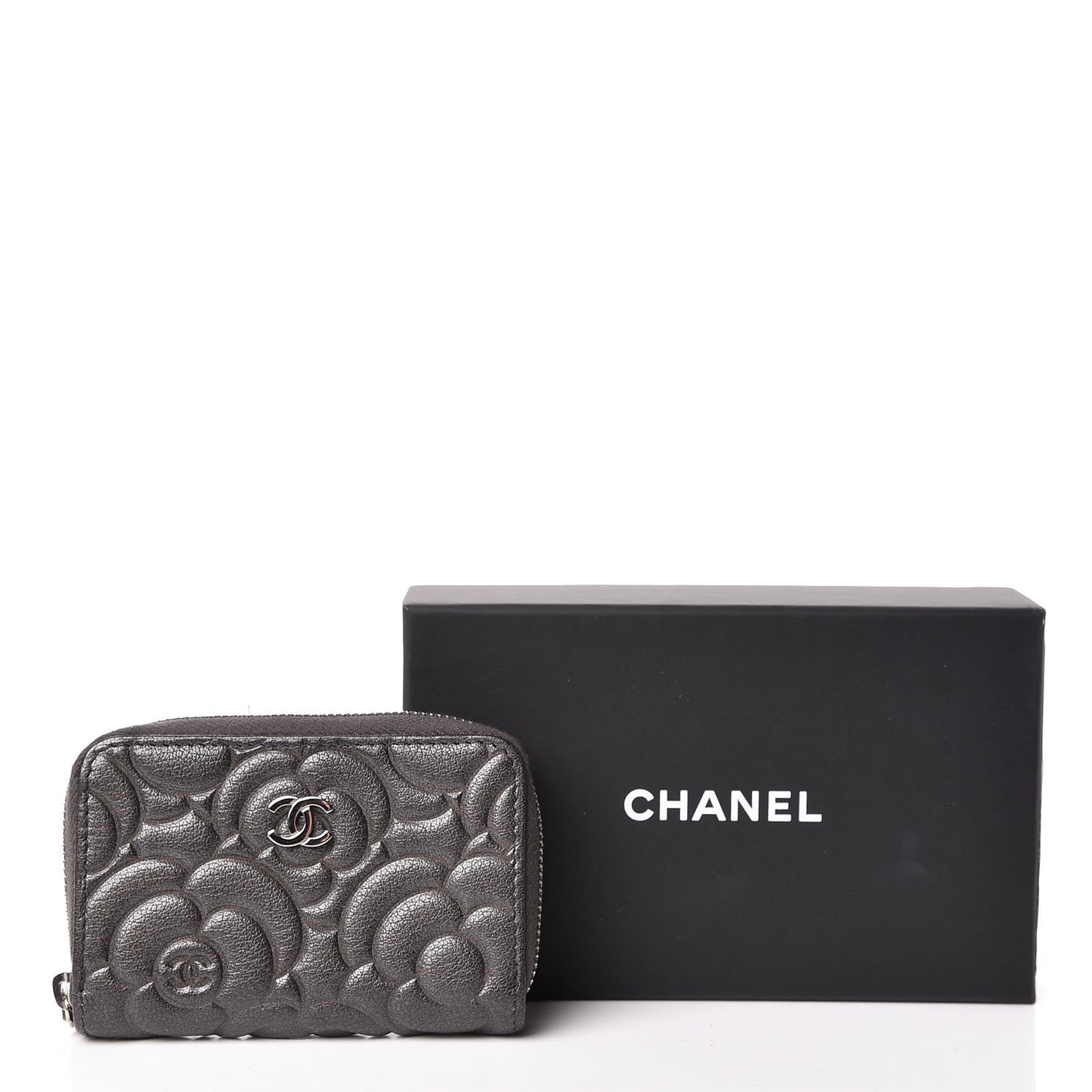 Goatskin Camellia Embossed Zip Coin Purse Anthracite