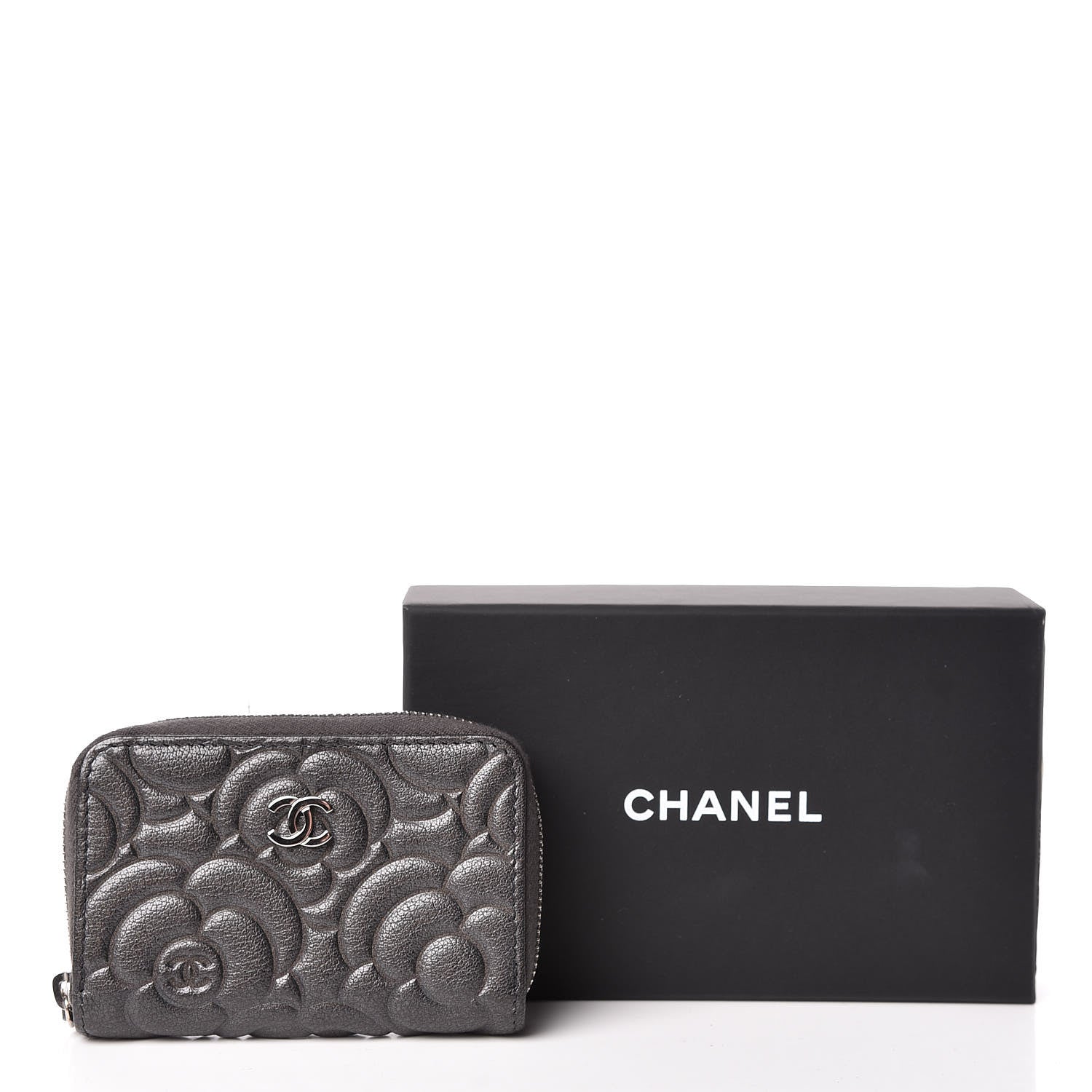 Chanel Goatskin Camellia Embossed Zip Coin Purse Anthracite 8 of 8