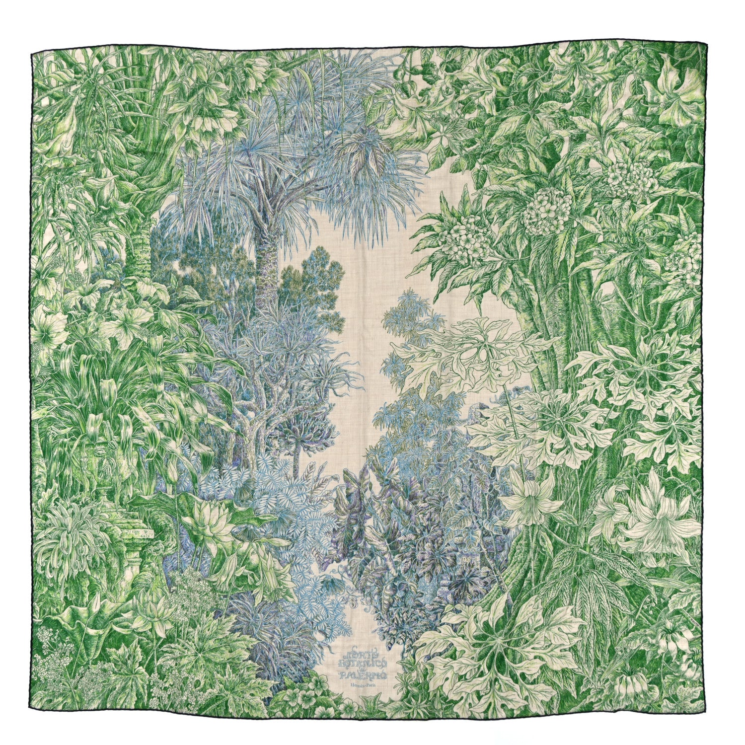 Hermes Cashmere Silk All 'Orto Botanico Di Palermo Shawl 140  Vert Vif Naturel Bleu 1 of 5