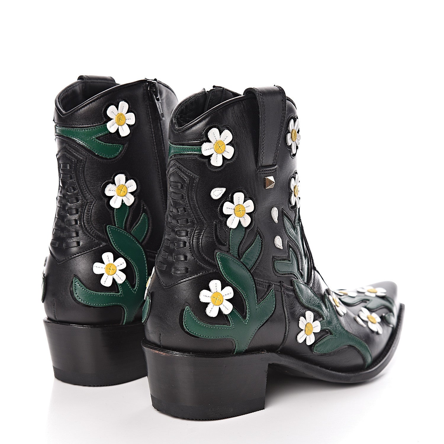 Valentino Garavani Calfskin Ranch Daisy Applique Ankle Boots 39 Black 4 of 13