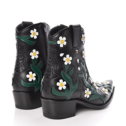 Valentino Garavani Calfskin Ranch Daisy Applique Ankle Boots 39 Black 4 of 13