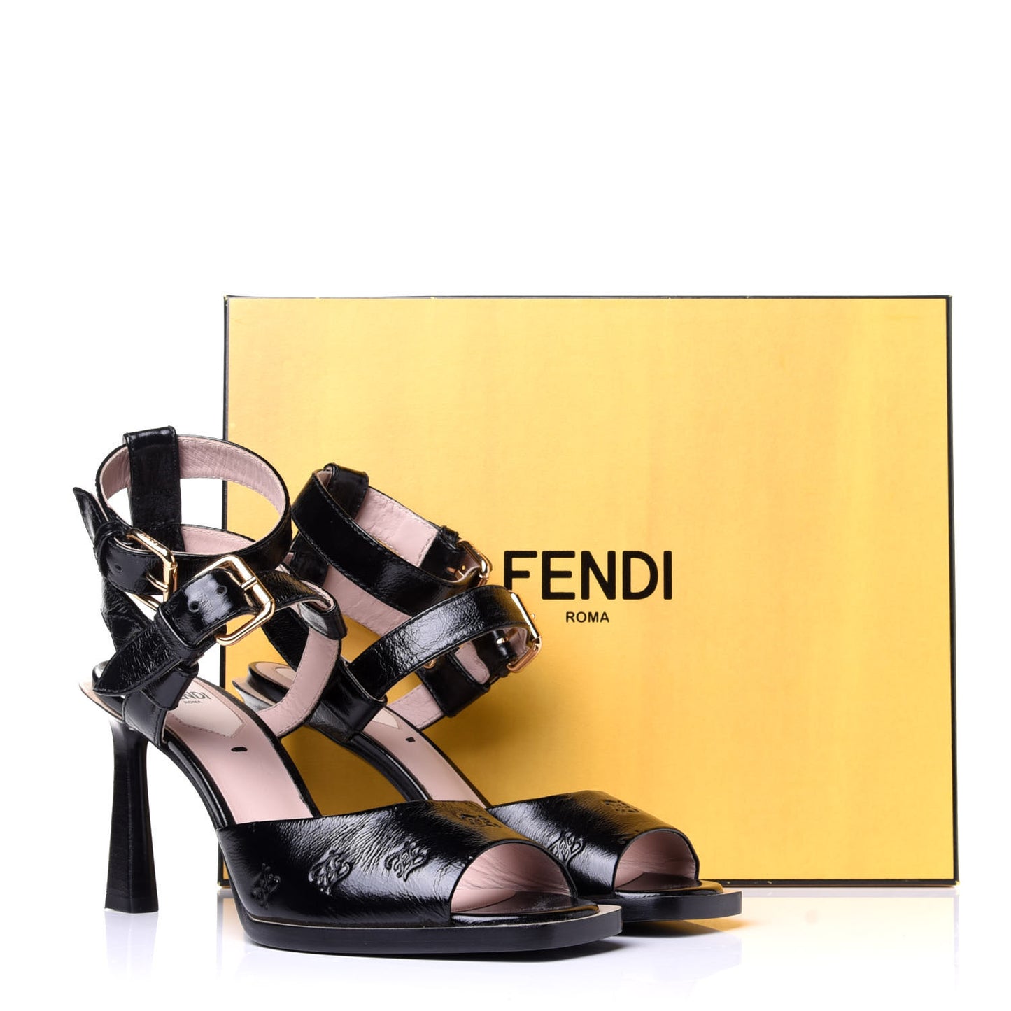 Vitello Karligraphy Embossed FFrame Ankle Strap Sandals 36 Black