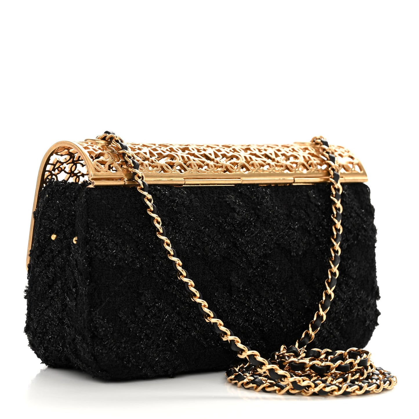 Metal Tweed Logo CC Minaudiere Flap Bag Black Gold