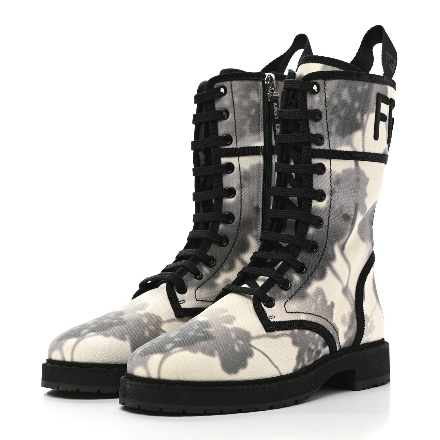 Canvas Floral Print Logo Bi-Color Womens Biker Boots 37.5 White Black