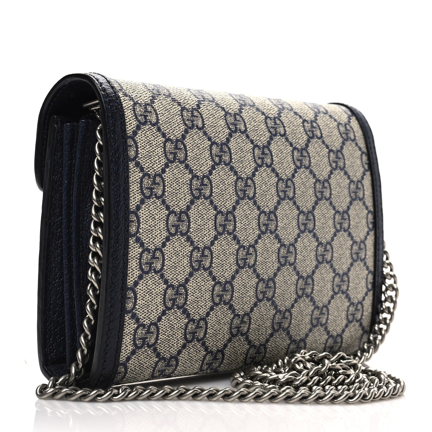 GG Supreme Monogram Textured Dollar Calfskin Mini Dionysus Chain Wallet Beige Blue