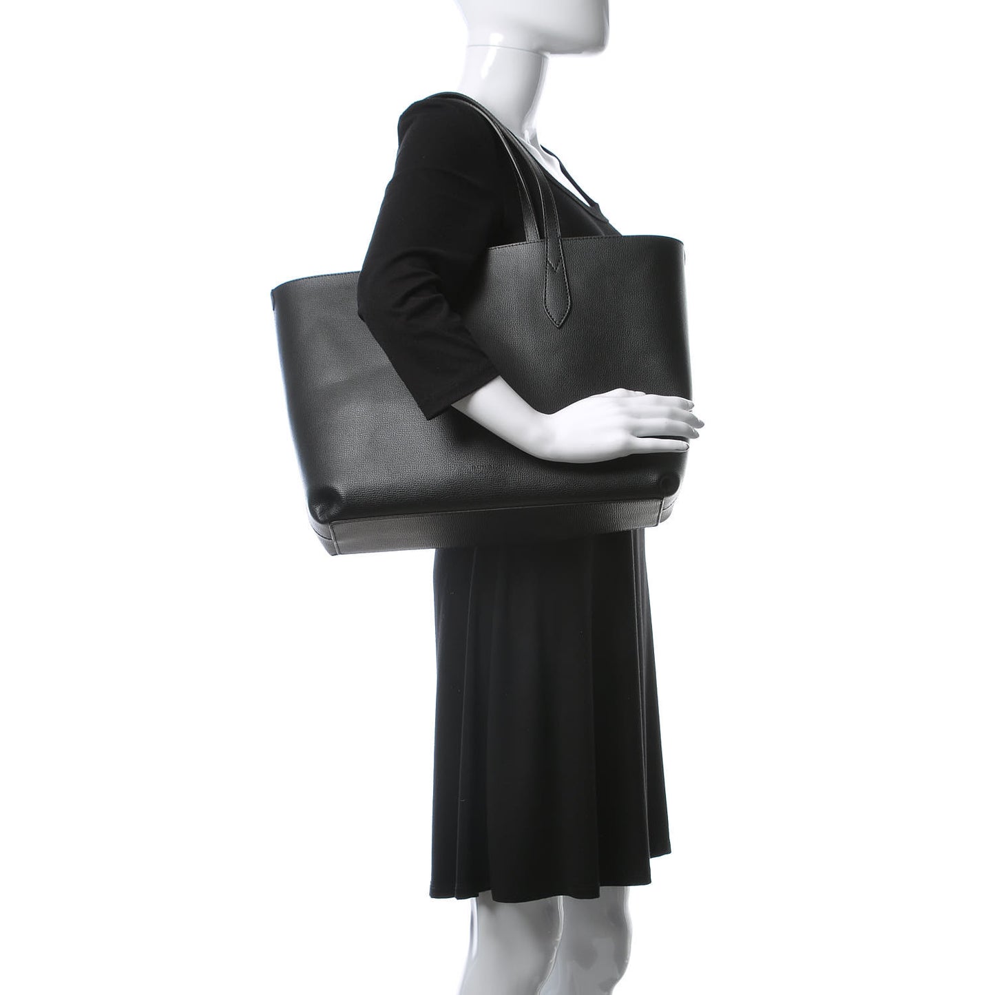 Grainy Calfskin Haymarket Check Medium Reversible Tote Black