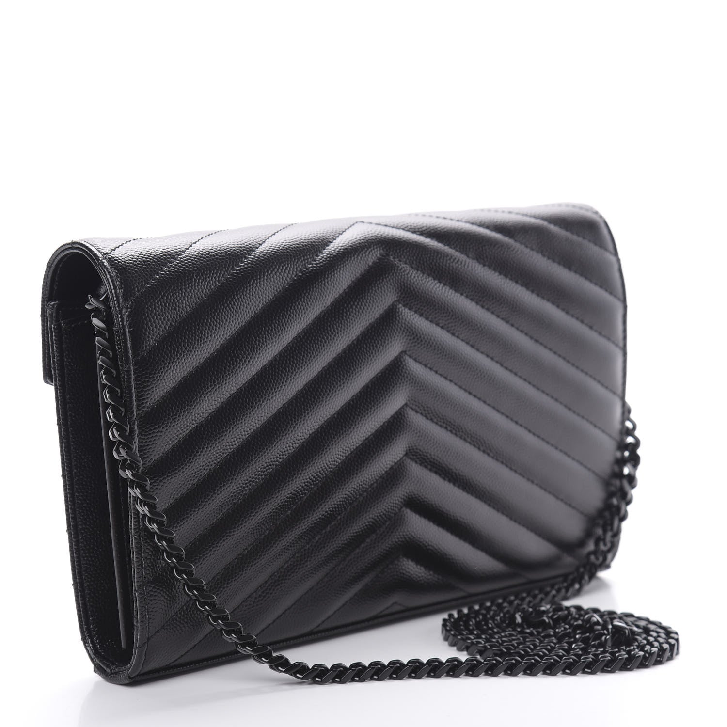 Saint Laurent Grain De Poudre Matelasse Chevron Monogram Chain Wallet Black 3 of 11
