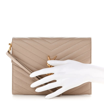 Saint Laurent Grain De Poudre Matelasse Chevron Monogram Envelope Clutch Dark Beige 2 of 8