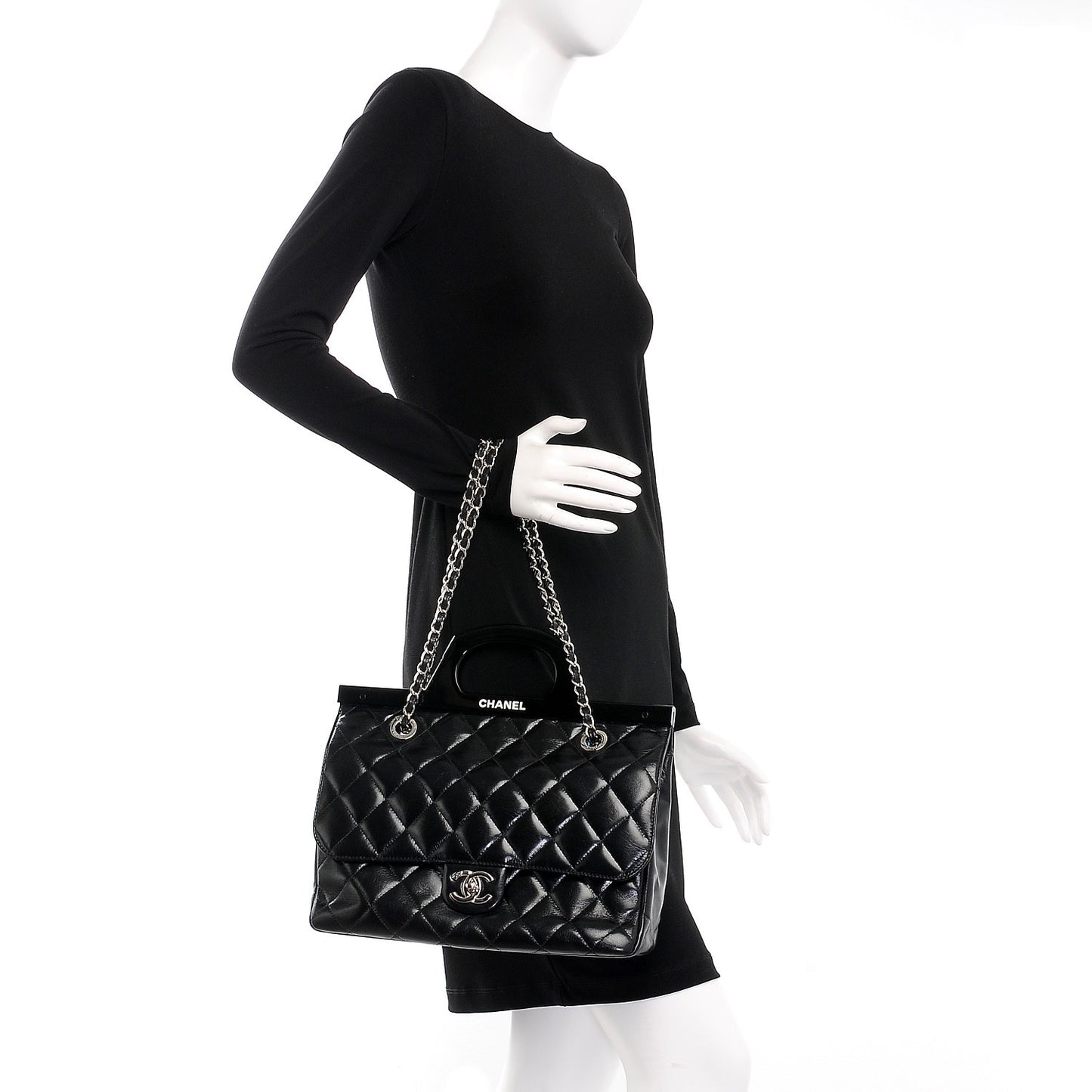 Glazed Calfskin Quilted Small CC Delivery Tote Black