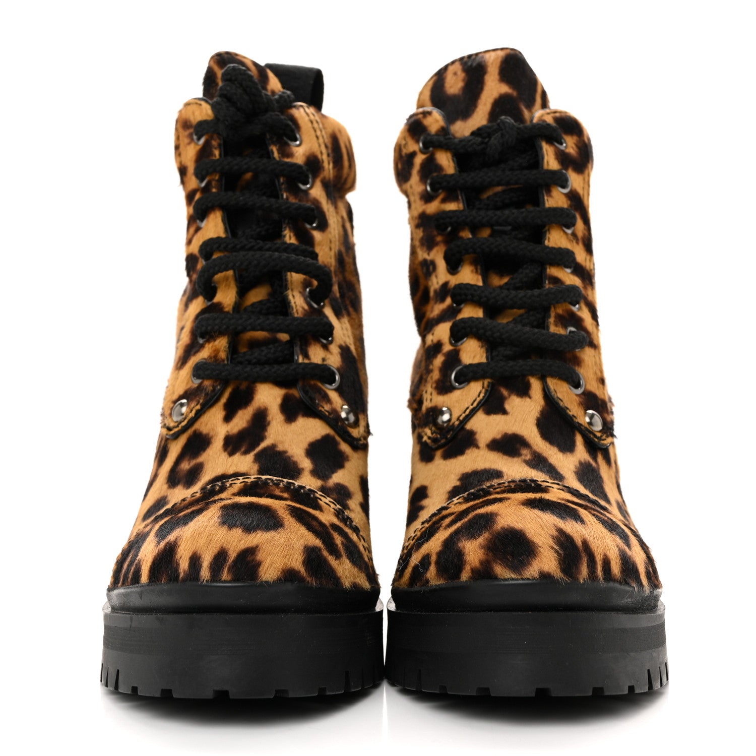 Miu Miu Cavallino Calf Hair Leopard Lace Up Boots 37.5 Miele 3 of 10