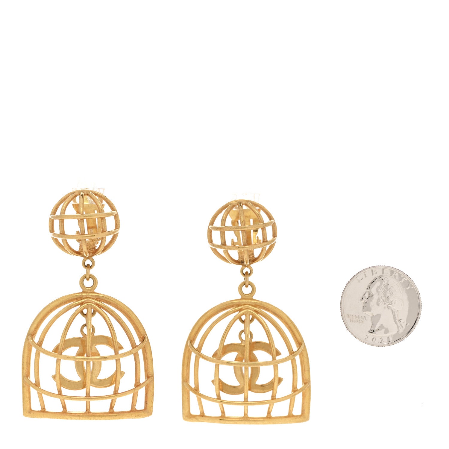 Chanel CC Bird Cage Drop Clip On Earrings Gold 2 of 5