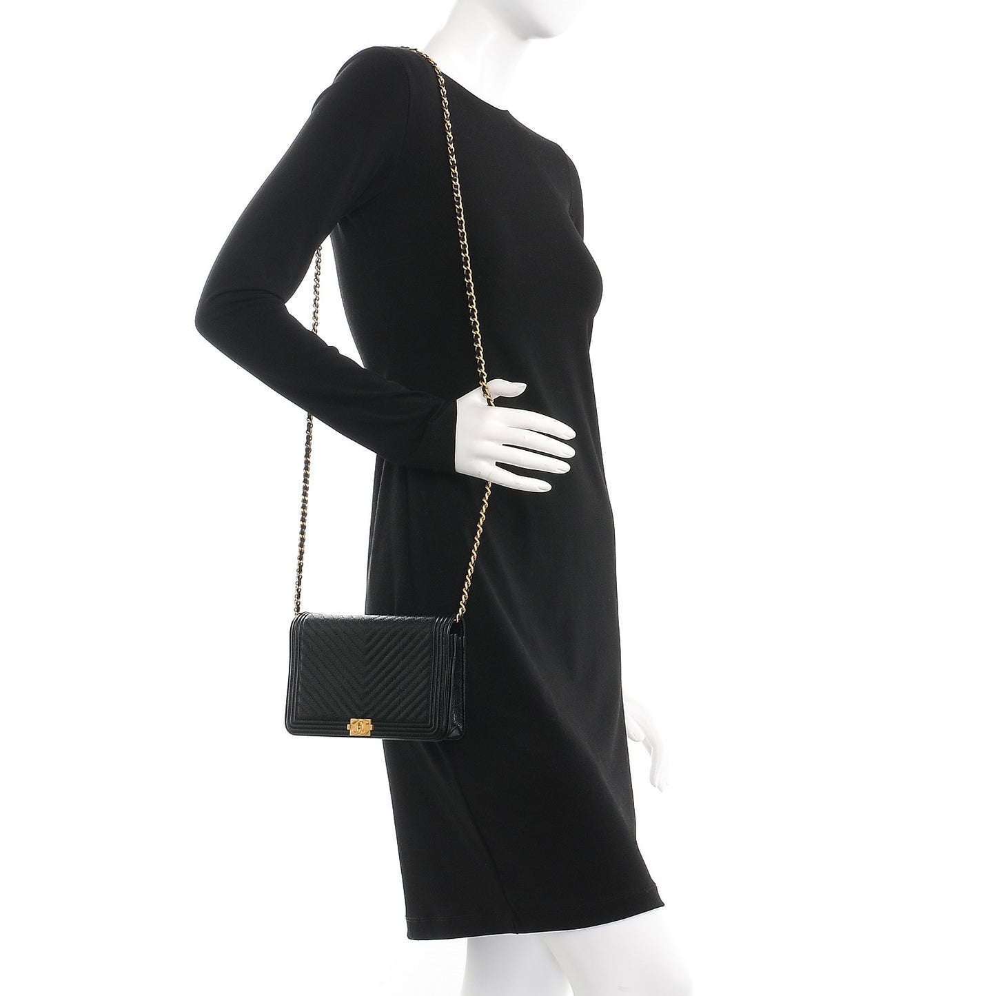 Caviar Chevron Quilted Boy Wallet On Chain WOC Black