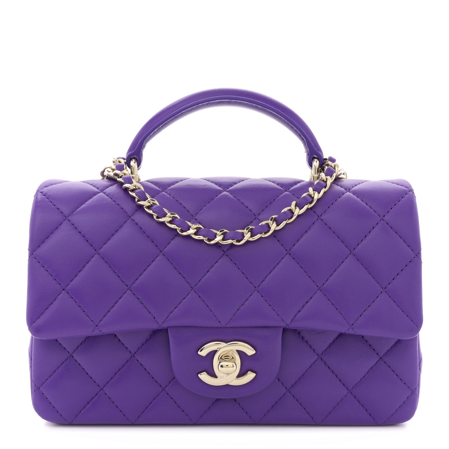 Lambskin Quilted Mini Top Handle Rectangular Flap Dark Purple