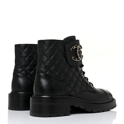 Chanel Shiny Lambskin Quilted Lace Up Combat Boots 38 Black 6 of 10