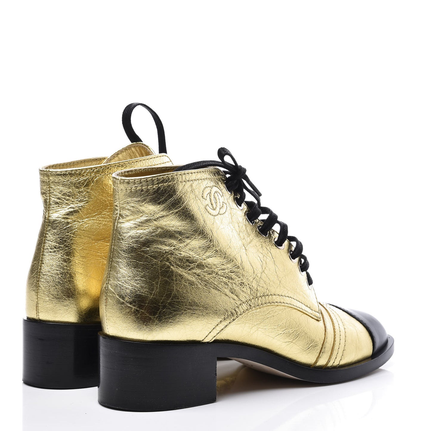 Metallic Calfskin Cap Toe Lace Up Boots 37.5 Gold Black