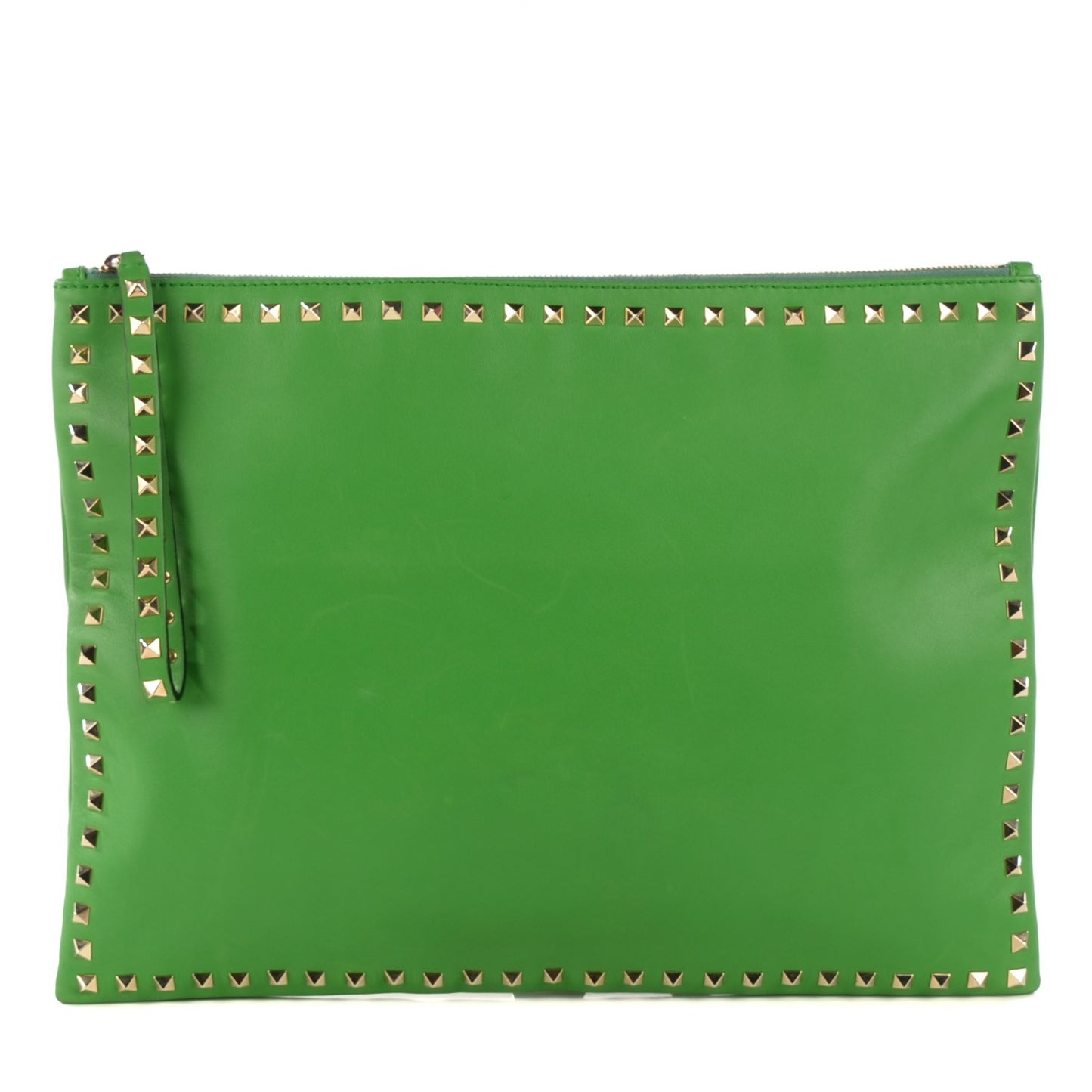 Vitello Rockstud Oversized Zip Wristlet Pouch Green
