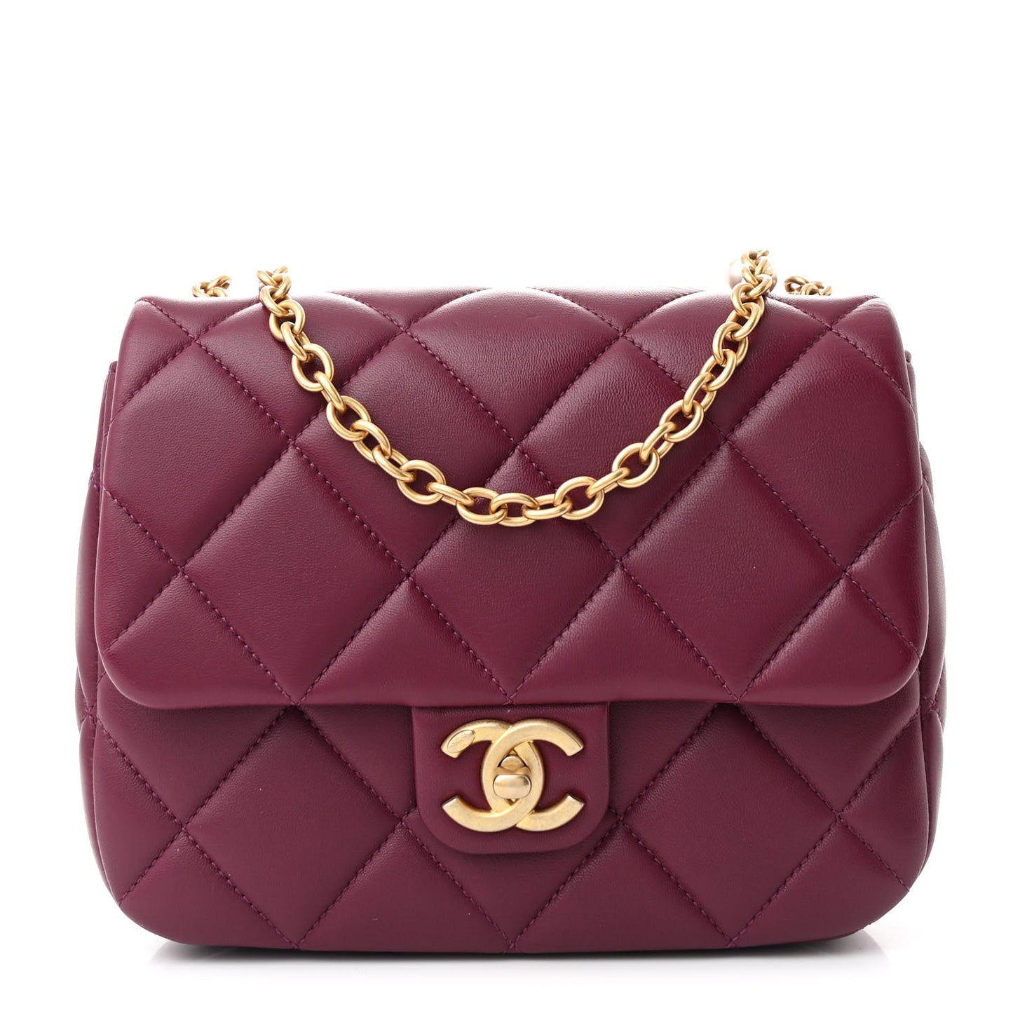 Lambskin Enamel Pearl Quilted Mini Charm Me Square Flap Dark Purple