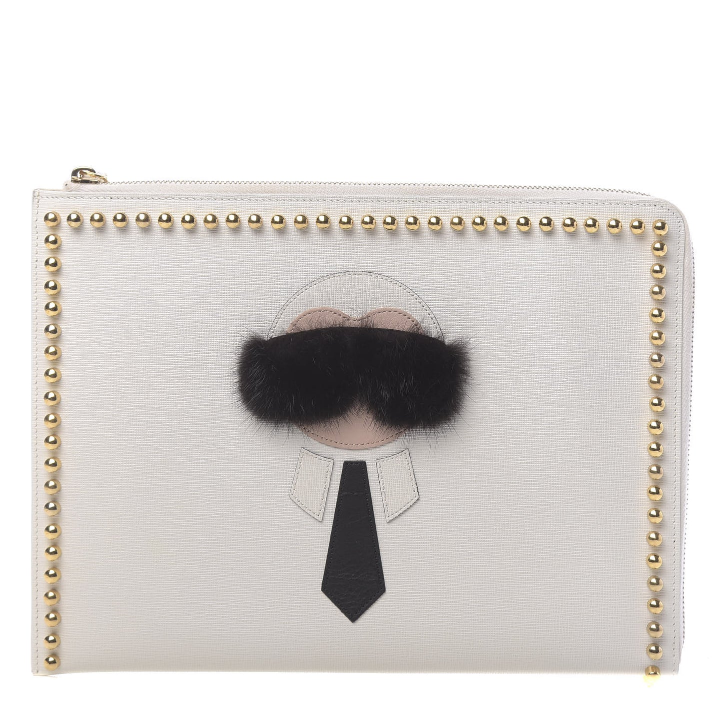 Vitello Elite Mink Fur Studded Karlito Zip Around Pouch White