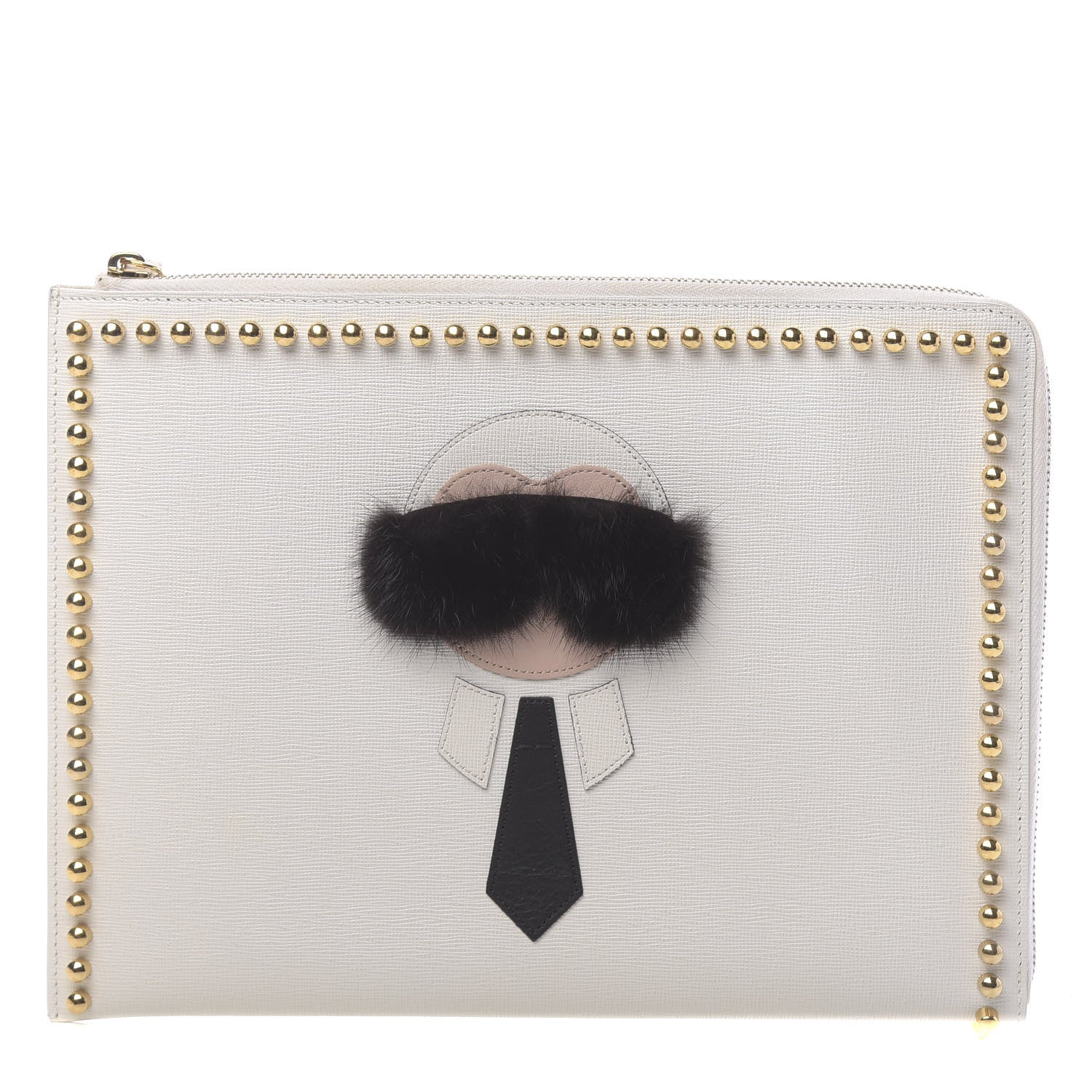 Fendi Vitello Elite Mink Fur Studded Karlito Zip Around Pouch White 1 of 11