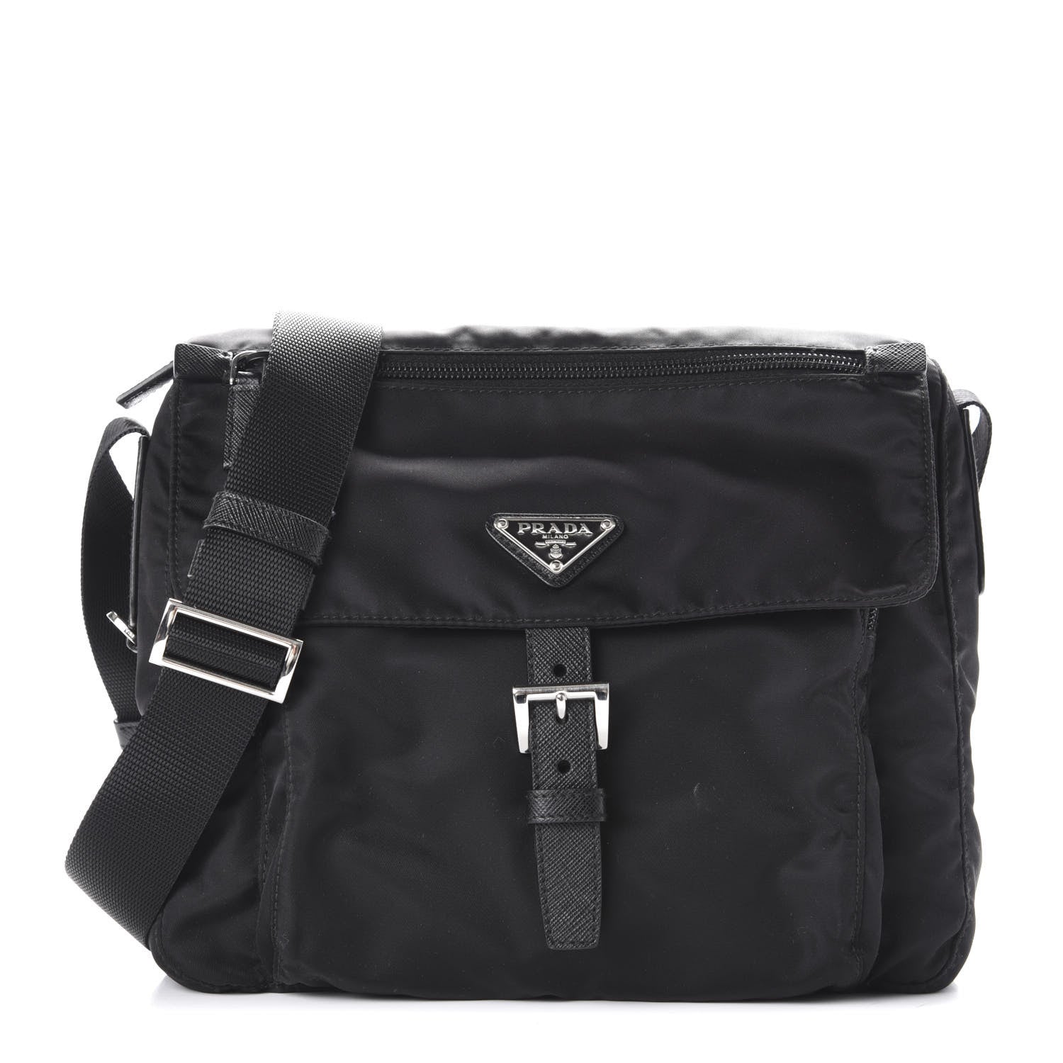 Prada Nylon Vela Saffiano Single Buckle Messenger Shoulder Bag Black 1 of 9