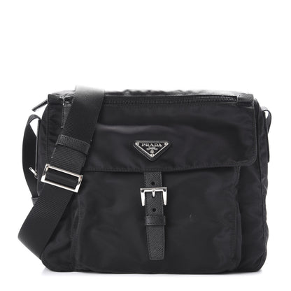 Prada Nylon Vela Saffiano Single Buckle Messenger Shoulder Bag Black 1 of 9