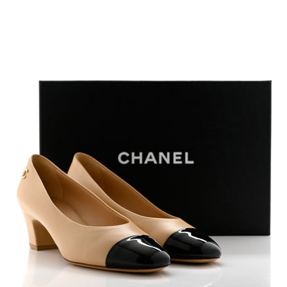 Chanel Lambskin Patent Cap Toe CC Pumps 38 Beige Black 11 of 11