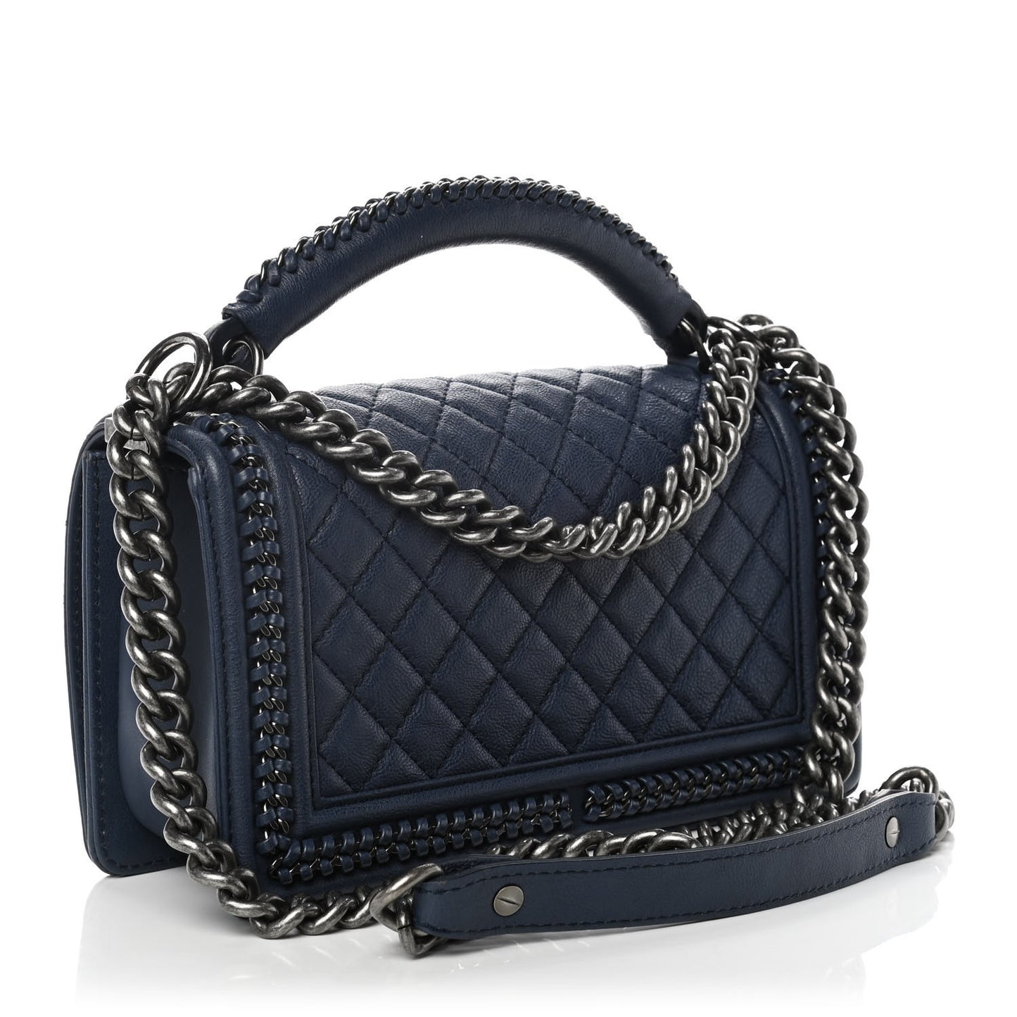 Calfskin Quilted Medium Top Handle Boy Flap Blue