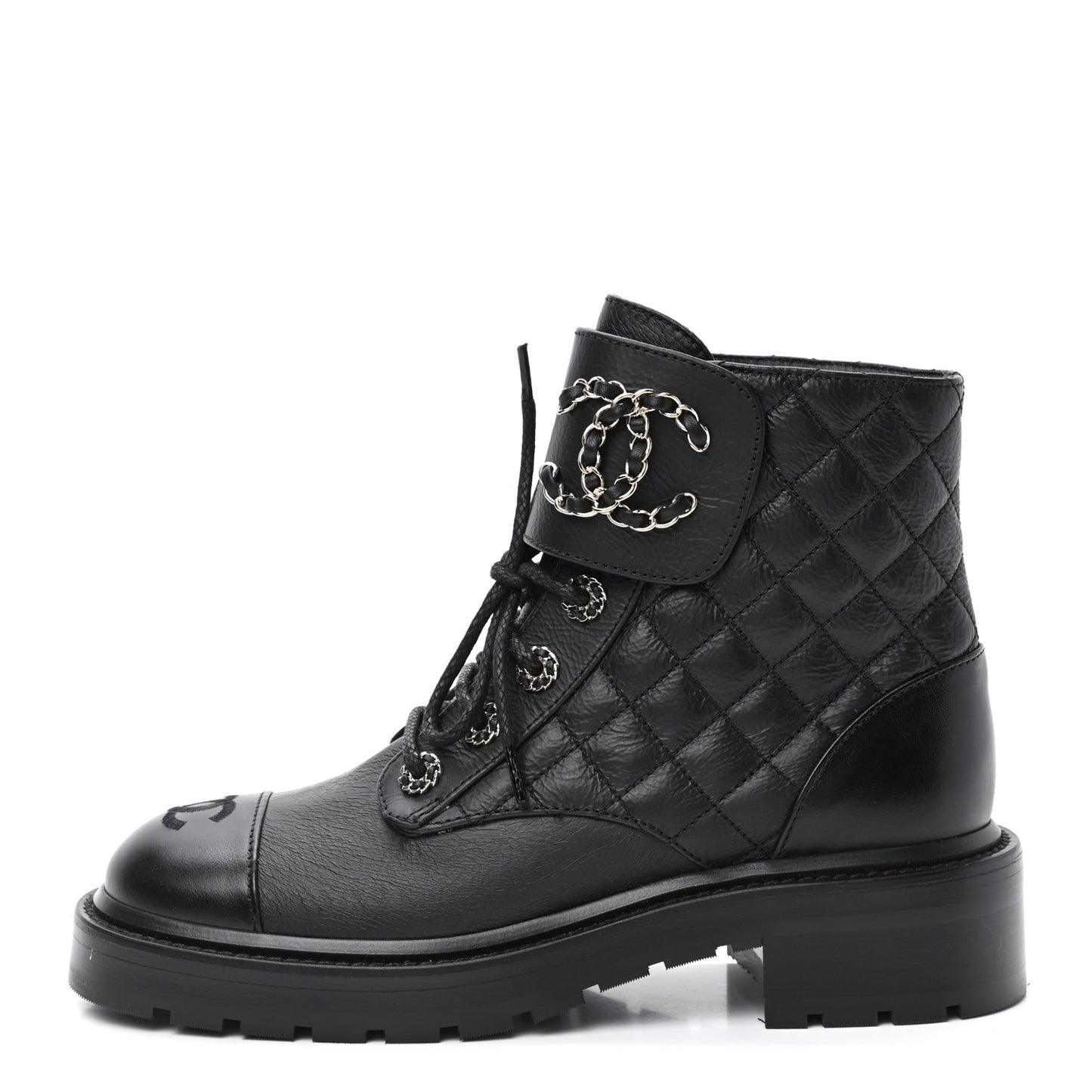 Shiny Goatskin Calfskin Quilted Lace Up Combat Boots 37 Black