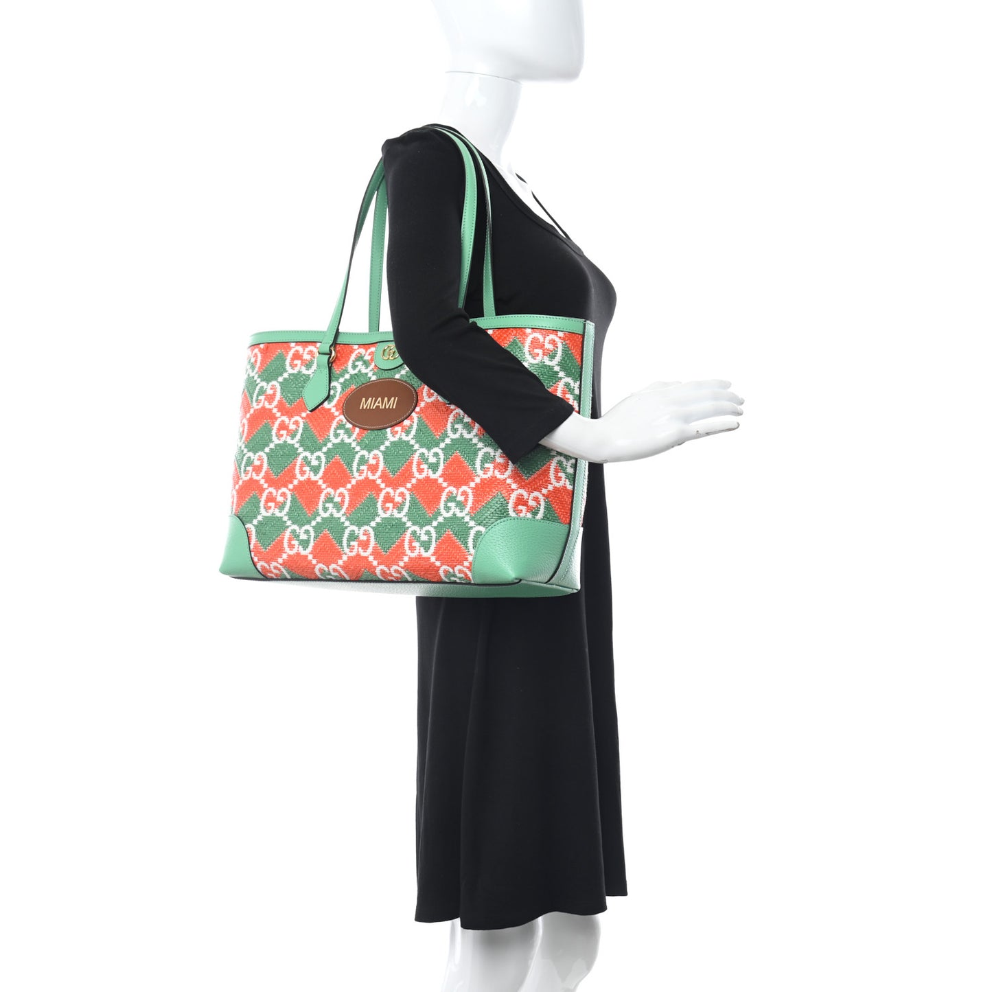Straw Textured Dollar Calfskin Miami Medium Ophidia Shopping Tote Deep Orange New Shamarock Off White Peanut Brown