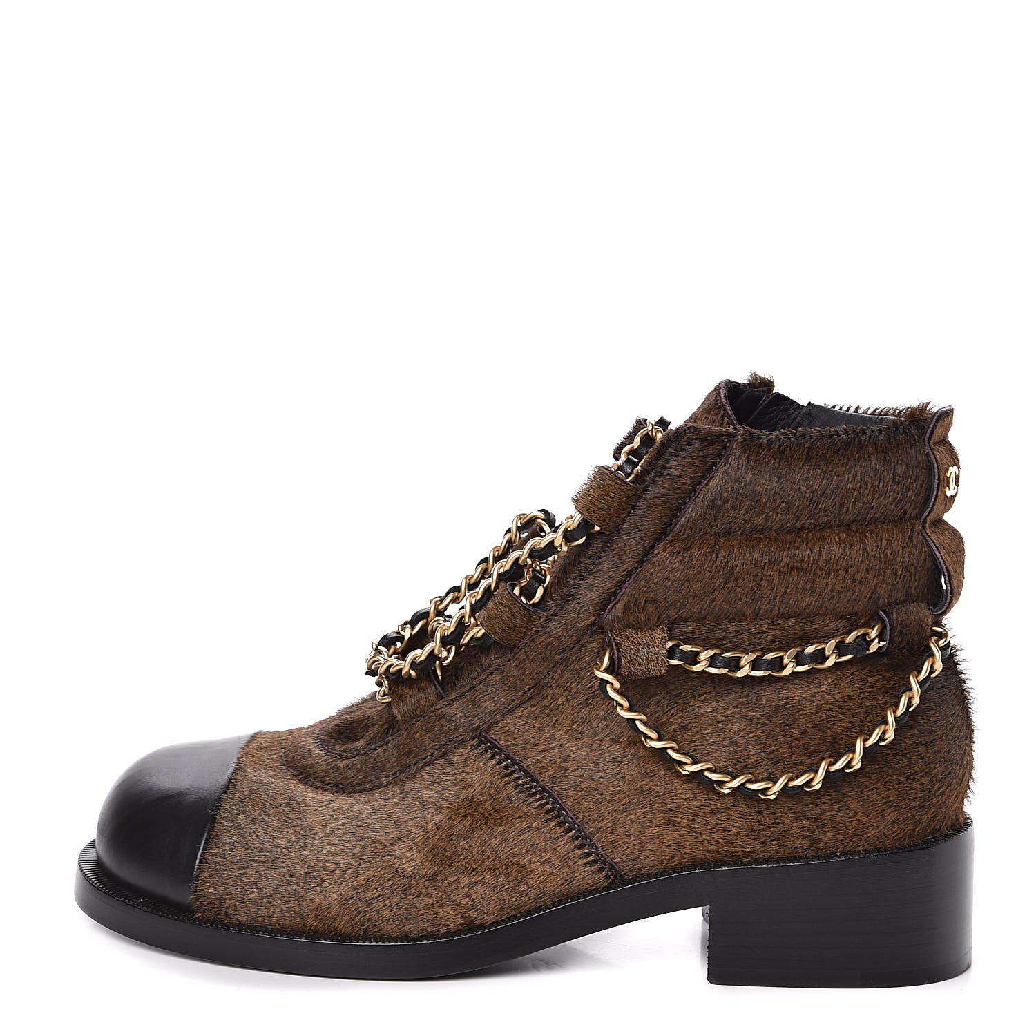 Chanel Calfskin Pony Hair CC Charm Chain Cap Toe Short Boots 37 Brown Black 1 of 8