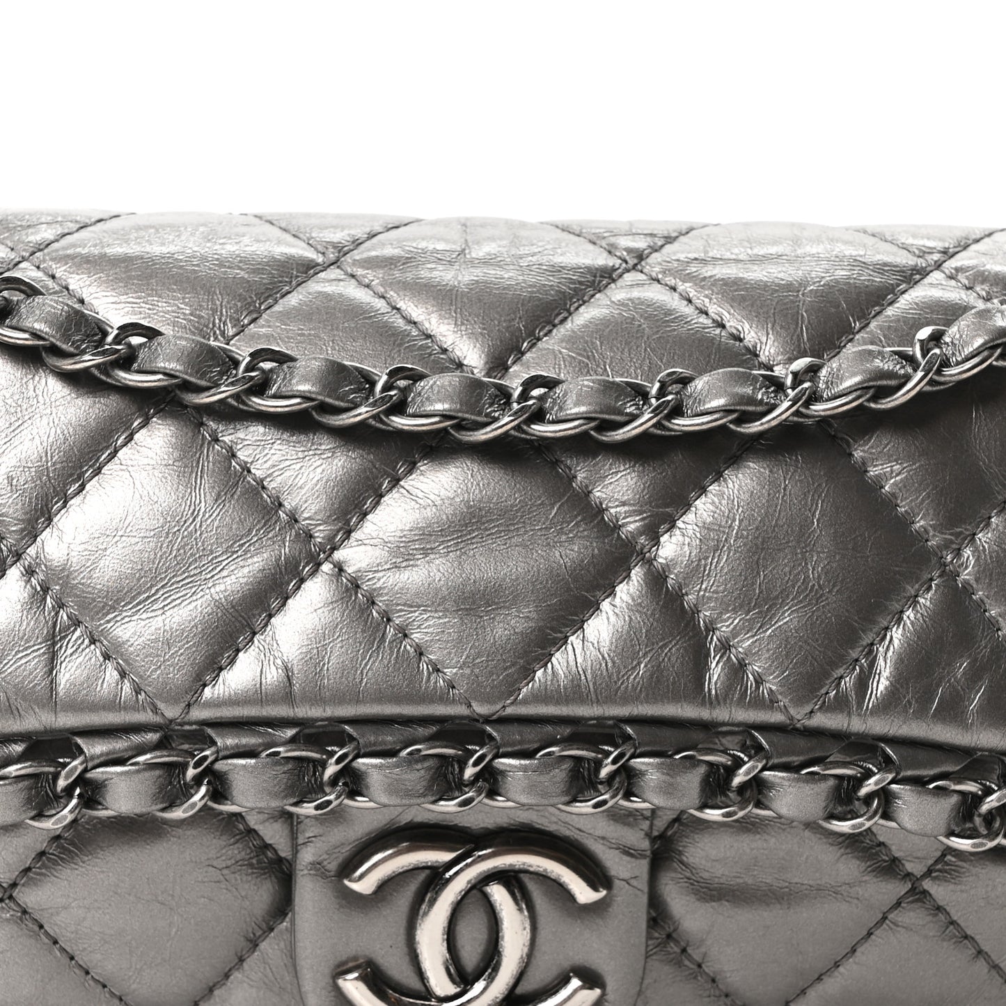 Metallic Calfskin Quilted Medium Chain Me Flap Grey
