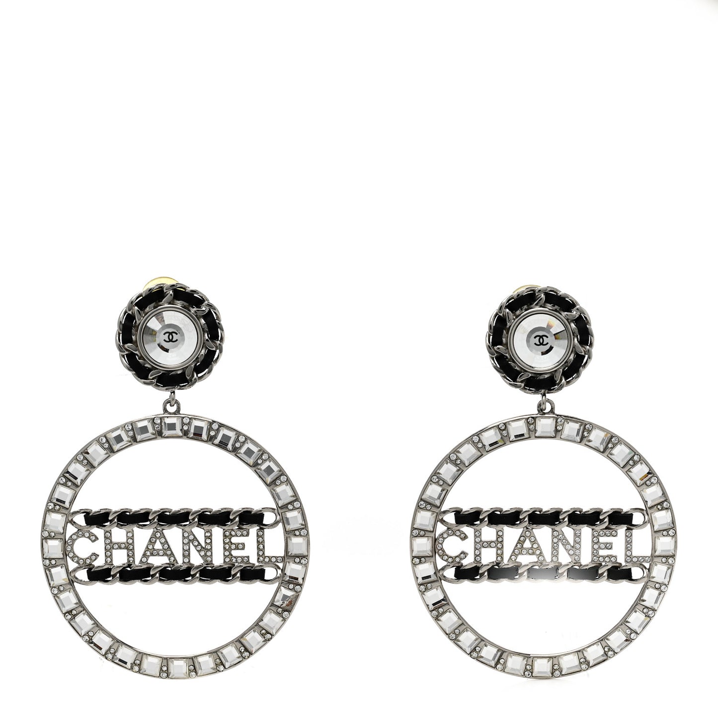 Crystal Lambskin Chain CC Hoop Clip On Earrings Black Silver
