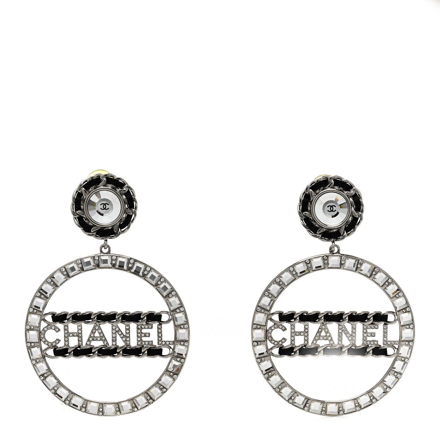 Chanel Crystal Lambskin Chain CC Hoop Clip On Earrings Black Silver 1 of 4