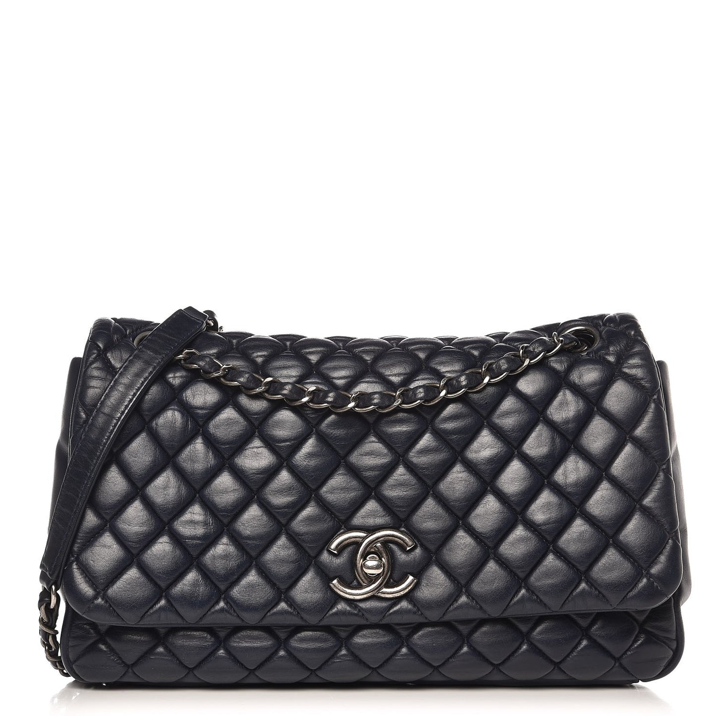 Iridescent Calfskin New Bubble Large Flap Navy