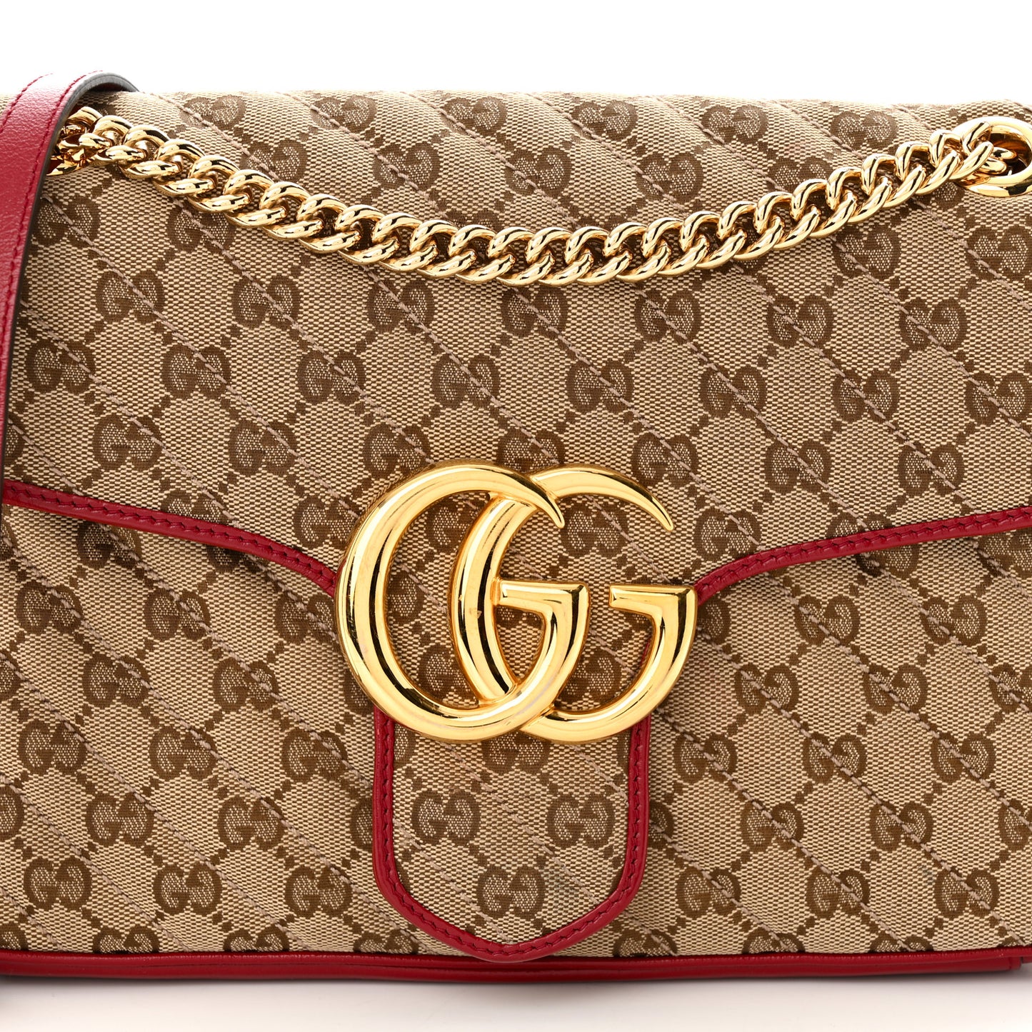 Monogram Azalea Calfskin Matelasse Diagonal Medium GG Marmont Shoulder Bag Beige Ebony New Cherry Red