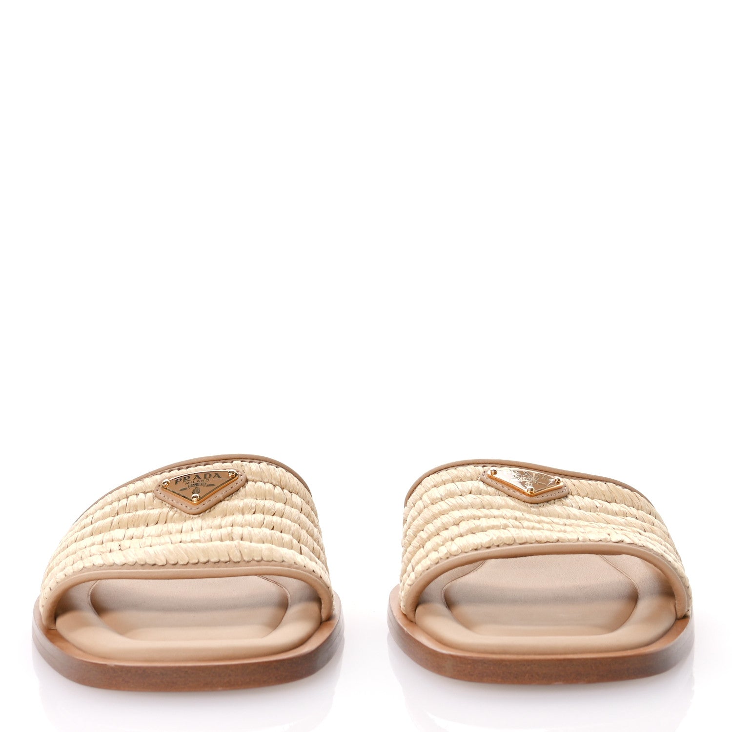 Prada Raffia Metal Triangle Logo 10mm Slide Sandals 36.5 Naturale 3 of 7
