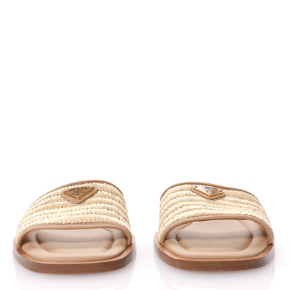 Prada Raffia Metal Triangle Logo 10mm Slide Sandals 36.5 Naturale 3 of 7