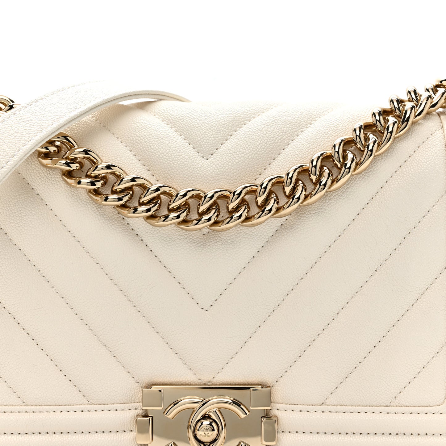 Caviar Chevron Quilted Medium Boy Flap White