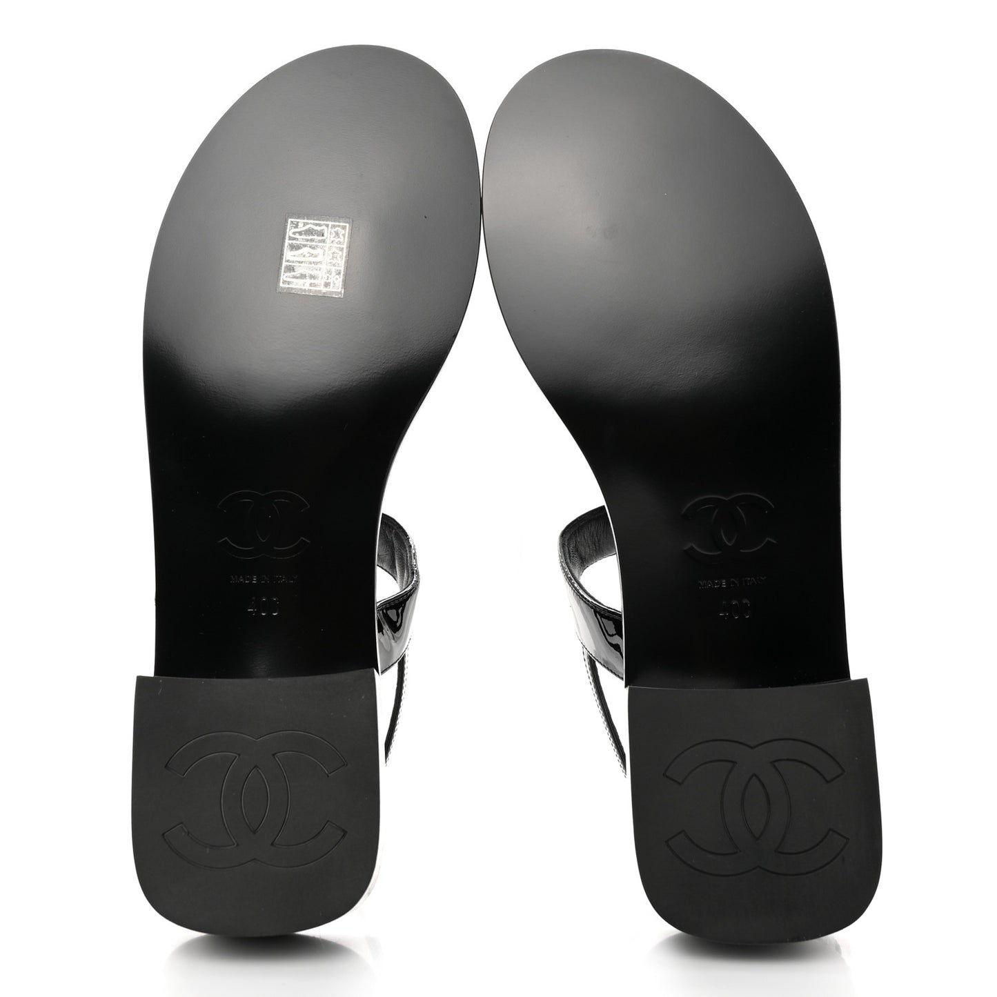 Lambskin Patent Chain CC Logo Thong Sandals 40 Black