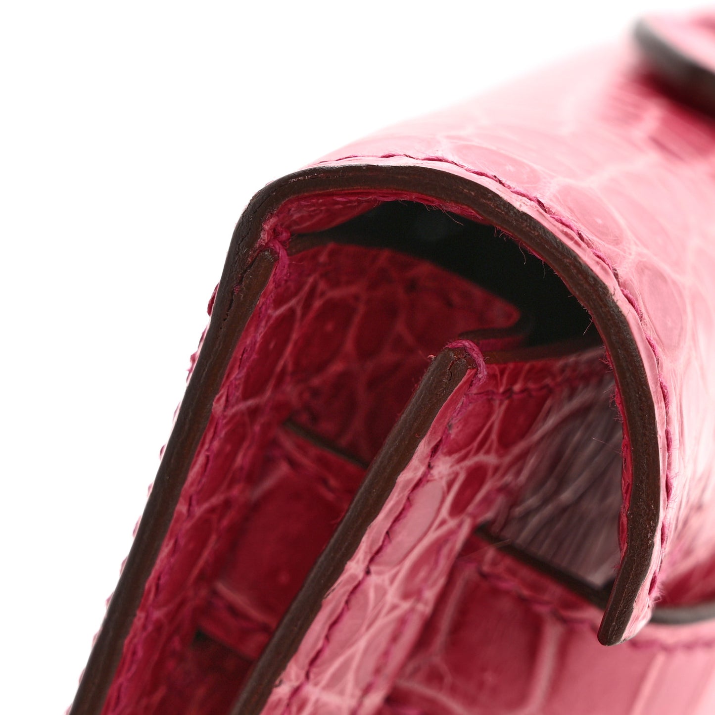 Shiny Porosus Crocodile Kelly Cut Pochette Rose Tyrien