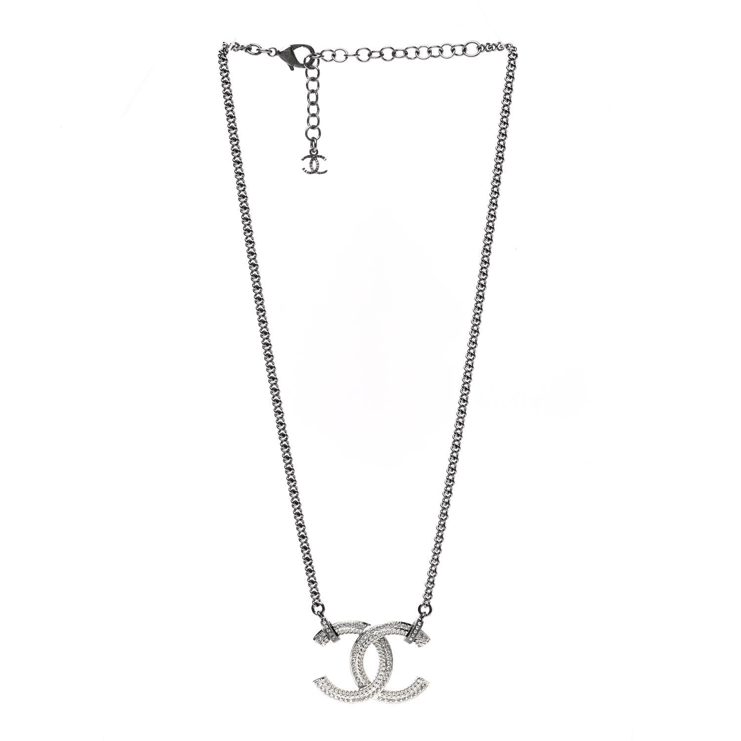 Chanel Crystal CC Pendant Necklace Silver 3 of 6