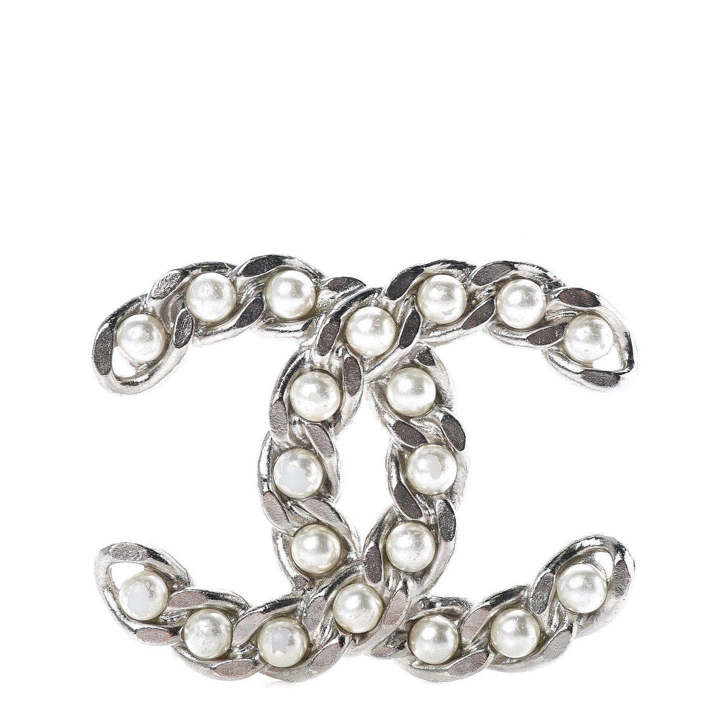 Pearl CC Chain Brooch Silver
