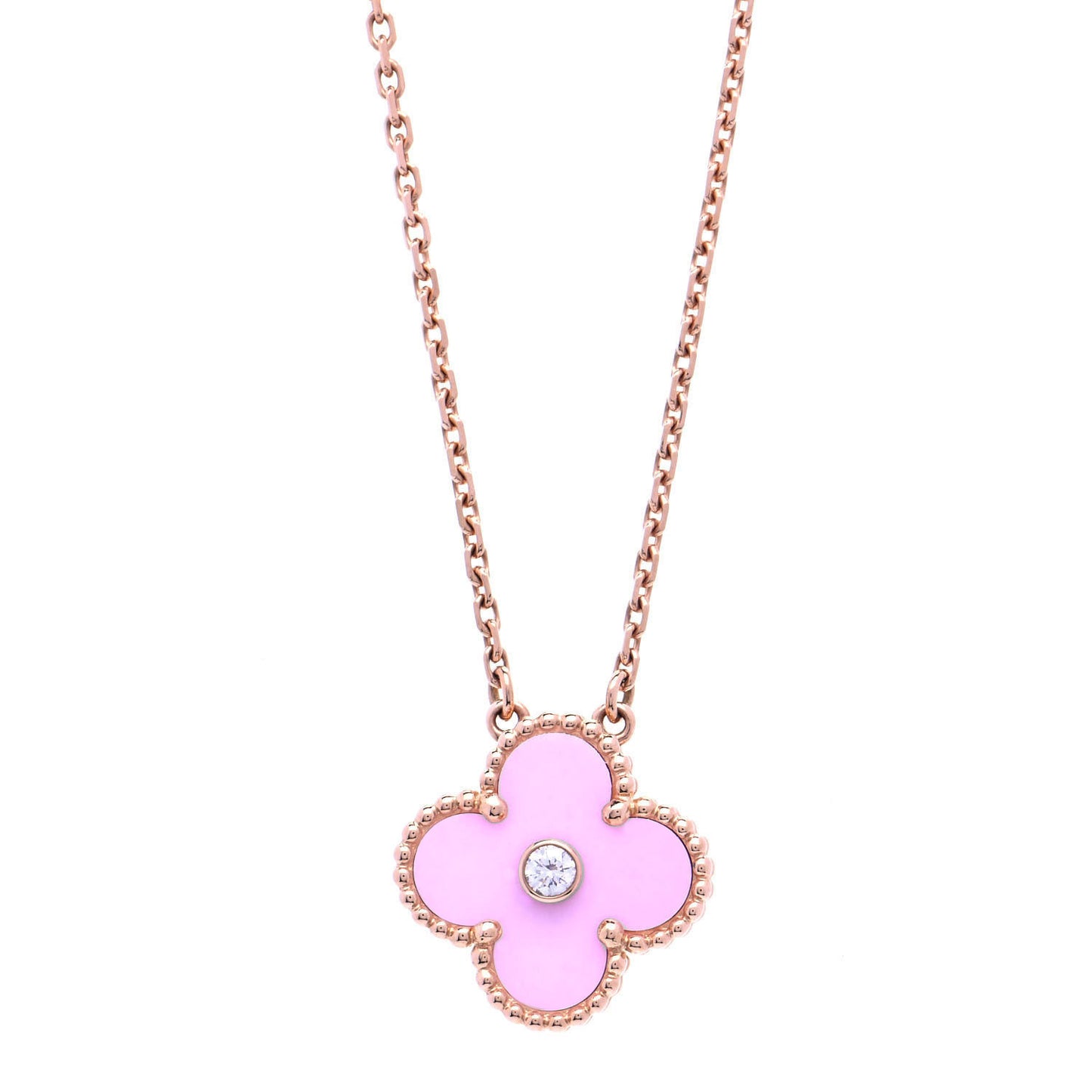 18K Rose Gold Diamond Pink Porcelain Vintage Alhambra Pendant Necklace