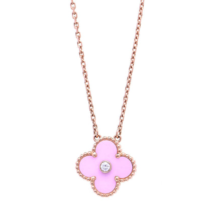 Van Cleef & Arpels 18K Rose Gold Diamond Pink Porcelain Vintage Alhambra Pendant Necklace 1 of 6