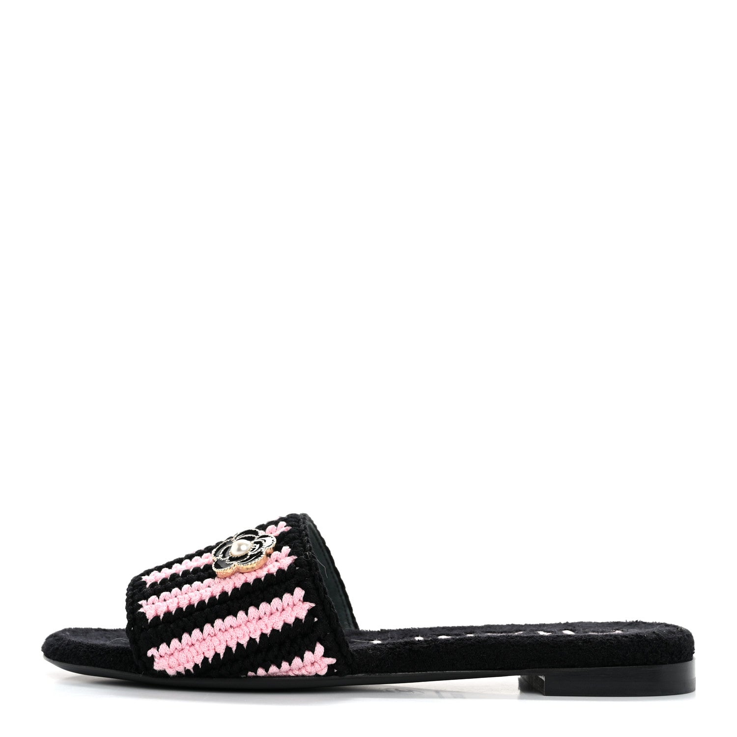 Chanel Crochet Striped Enamel Camellia Mules Sandals 36.5 Pink Black 1 of 10